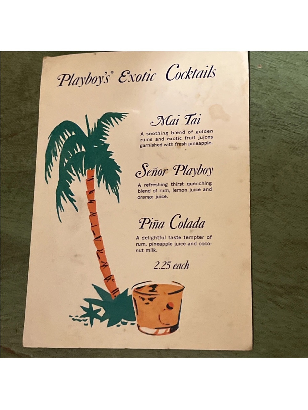 Vintage Original PLAYBOY Tropical Cocktail Menu Cream,Green & Brown Artwork